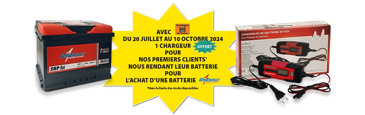 Avec Autologiste de France, du 20 juillet au 10 octobre 2024, 1 chargeur offert pour nos premiers clients nous rendant leur batterie pour l'achat d'une batterie UniEnergy